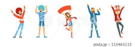 Sport Fan Man and Woman Character with Trumpet and Banner Vector Set 115463113