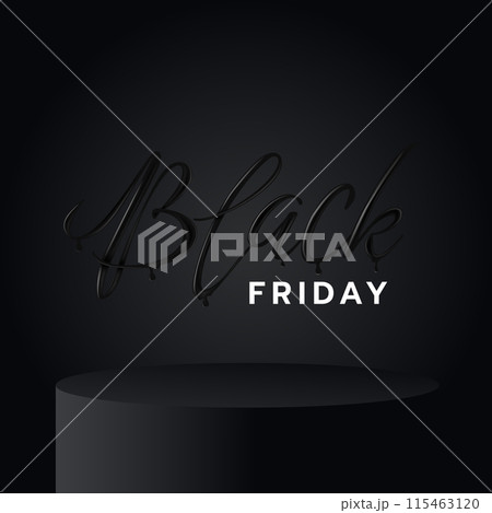 Black Friday Sale label. Promotional marketing discount event. Realistic 3d lettering with black liquid droplets. Black Friday Sale label. Promotional marketing discount event. Realistic 3d lettering with black liquid droplets. 115463120