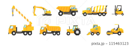 Construction Heavy Machinery and Equipment Yellow Vector Set Construction Heavy Machinery and Equipment Yellow Vector Set 115463123