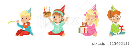 Cute Little Kids in Cone Hat Celebrating Birthday Vector Set Cute Little Kids in Cone Hat Celebrating Birthday Vector Set 115463131