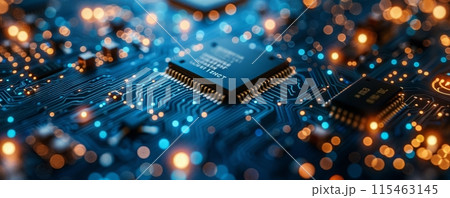 Close up of microchips representing futuristic technology. Information technology concept Close up of microchips representing futuristic technology. Information technology concept 115463145