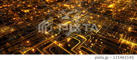 Close up of golden microchips representing futuristic technology. Information technology concept 115463149