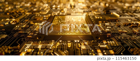 Close up view of golden microchips representing futuristic technology. AI technology concept. Close up view of golden microchips representing futuristic technology. AI technology concept. 115463150