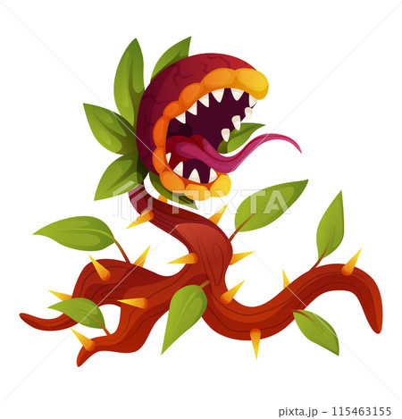 Cartoon carnivorous plant. Flytrap or flower predator. Angry flowers with teeth. Fantasy scary flower 115463155