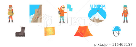 Alpinism and Climber Equipment and Sport Gear Vector Set 115463157