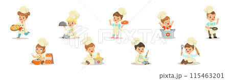 Cooking Children Chef Character Enjoy Culinary Vector Set 115463201