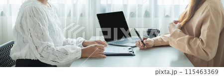 HR Manager talks to job applicants for job interviews about careers and Her personal history in the company. Employment and Recruitment concepts 115463369