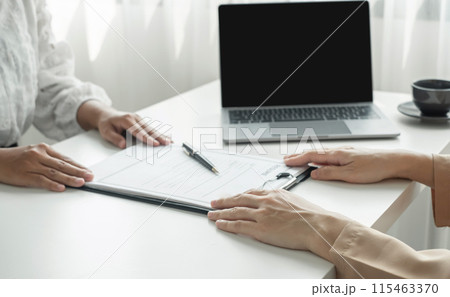 HR Manager talks to job applicants for job interviews about careers and Her personal history in the company. Employment and Recruitment concepts 115463370