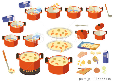 クリームシチューを作る作業工程のイラストセット クリームシチューを作る作業工程のイラストセット 115463540