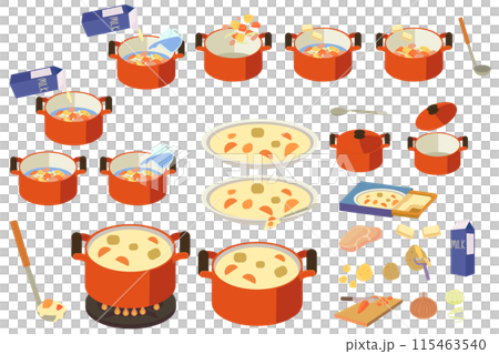 クリームシチューを作る作業工程のイラストセット クリームシチューを作る作業工程のイラストセット 115463540