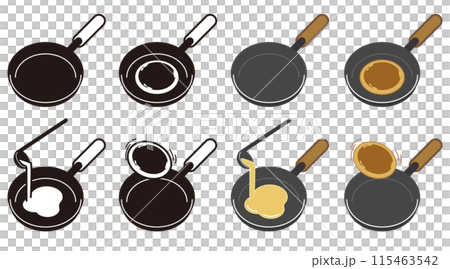 Pancake cooking process icon illustration set from pouring batter to heating and flipping 115463542