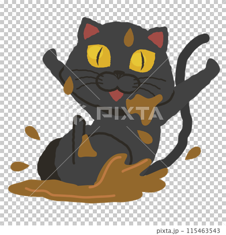 A cheerful black cat playing in the mud 115463543