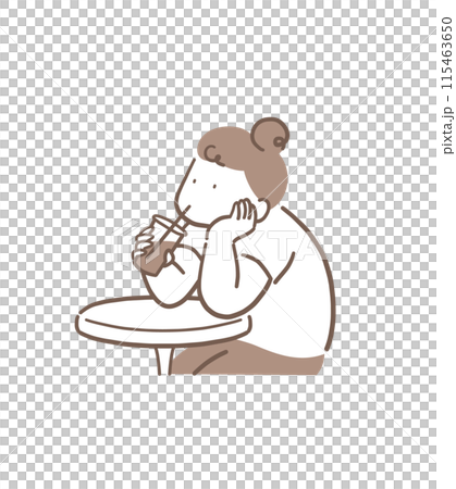 Illustration material of a hunched woman drinking tea while resting her chin on her hand 115463650