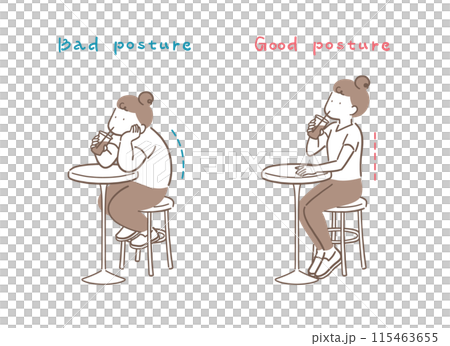 A simple illustration of a woman with good and bad posture having tea in a cafe A simple illustration of a woman with good and bad posture having tea in a cafe 115463655