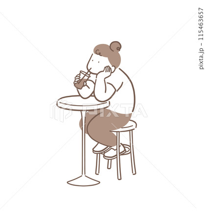 頬杖をついてコーヒーを飲んでいる猫背の女性の全身イラスト素材 頬杖をついてコーヒーを飲んでいる猫背の女性の全身イラスト素材 115463657