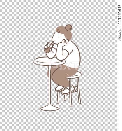 Full-body illustration of a hunched woman drinking coffee with her chin in her hand 115463657
