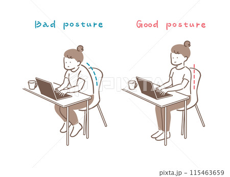 パソコンを使っている姿勢が良い女性と悪い女性のイラスト素材 115463659