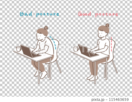 Illustration material of a woman with good and bad posture when using a computer 115463659