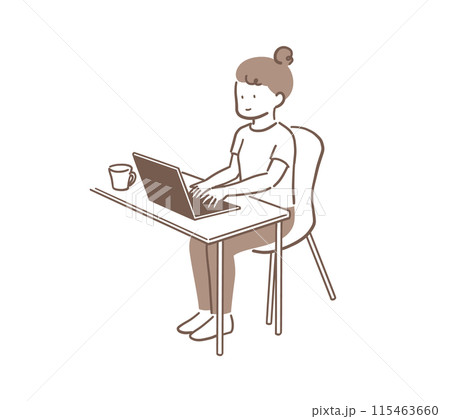 ノートパソコンを使っている正しい姿勢の女性の全身イラスト素材 115463660