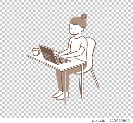 使用筆記型電腦以正確姿勢展示女性的全身圖 115463660