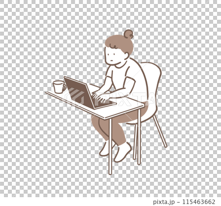 Full-body illustration of a hunched woman using a laptop Full-body illustration of a hunched woman using a laptop 115463662