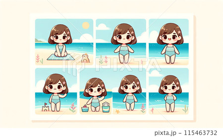 色んなポーズの水着の女の子の素材ゆるキャラ 115463732