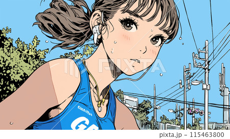 夏の青空の下、全力で走る若い女性