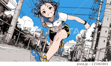 夏の青空の下、全力で走る若い女性