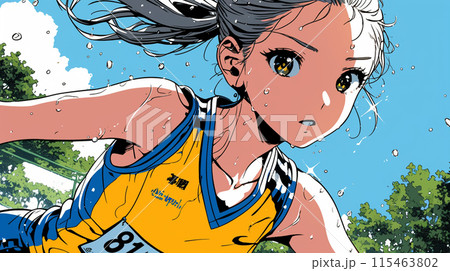 夏の青空の下、全力で走る若い女性