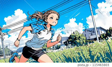 夏の青空の下、全力で走る若い女性