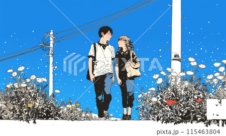 夏の晴天の日に近所を散歩中の若い恋人たち
