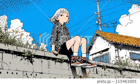 ブロック塀に腰掛けて仲間を待っている少女