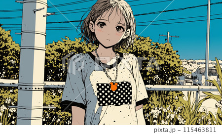 晴天の夏の日、近所を散歩している少女