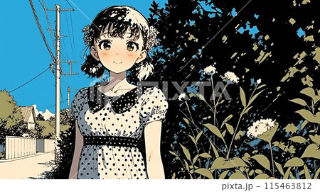 晴天の夏の日、近所を散歩している少女