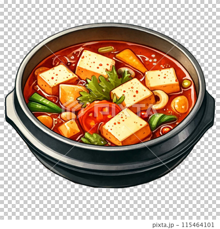 Watercolor illustration of Soondubu jjigae (spicy soft tofu stew) in a clay pot 115464101