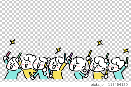 People enthusiastically celebrating at a concert, penlights, smiling faces 115464120