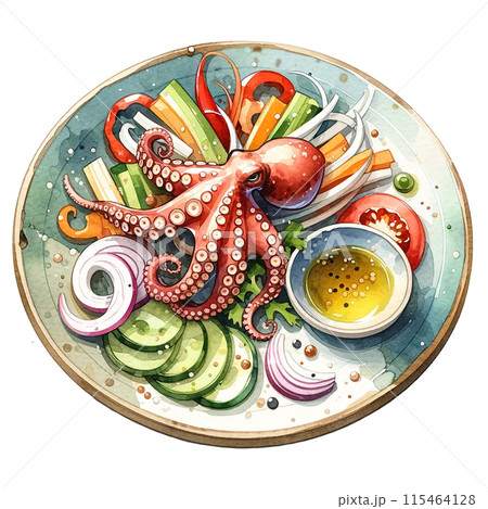 Watercolor illustration of Sannakji (live octopus) on a plate with sesame oil and vegetables. 115464128