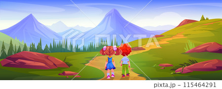 Two kids back view walking along path on meadow 115464291