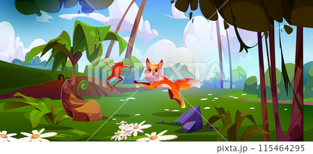 Cute fox and frog happy jumping together in forest 115464295