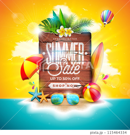 Summer Sale Design with Flower, Exotic Palm Leaves and Vintage Wood Board on Tropical Island Background. Vector Holiday Special Offer Business Illustration with Beach Ball and Flower for Coupon 115464334