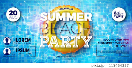 Summer Beach Party Banner Design Template with Float on Water in the Tiled Pool Background. Vector Summer Celebration Holiday Illustration for Banner, Flyer, Invitation or Celebration Poster. Summer Beach Party Banner Design Template with Float on Water in the Tiled Pool Background. Vector Summer Celebration Holiday Illustration for Banner, Flyer, Invitation or Celebration Poster. 115464337