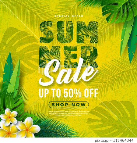 Summer Sale Design with Flower and Exotic Palm Leaves on Yellow Background. Tropical Floral Vector Illustration with Special Offer Typography for Coupon, Voucher, Banner, Flyer, Promotional Poster 115464344