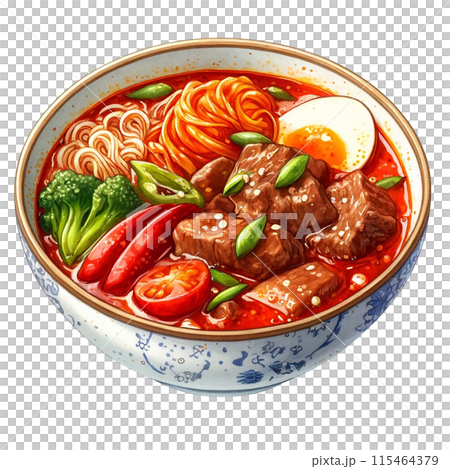 Watercolor illustration of Yukgaejang (spicy beef soup) in a bowl. 115464379