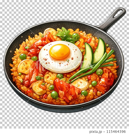 Watercolor illustration of Kimchi fried rice in a sizzling hot pan. 115464396