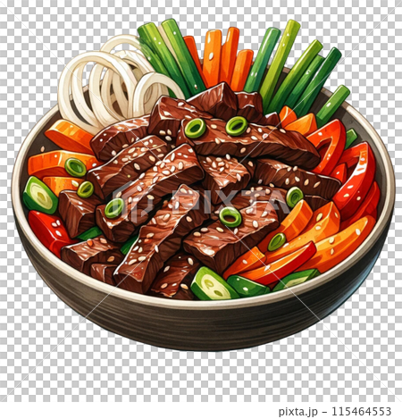 Watercolor illustration of Bulgogi beef stir fry with sesame seeds and vegetables Watercolor illustration of Bulgogi beef stir fry with sesame seeds and vegetables 115464553