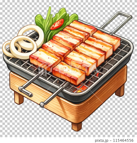 Watercolor illustration of Samgyeopsal (grilled pork belly) on a barbecue grill. 115464556