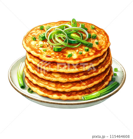 Watercolor illustration of Pajeon (Korean scallion pancakes) with dipping sauce. 115464608