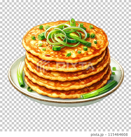 Watercolor illustration of Pajeon (Korean scallion pancakes) with dipping sauce. 115464608