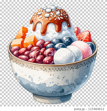 Watercolor illustration of Patbingsu  Shaved ice dessert with sweet toppings 115464612