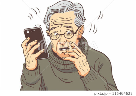 スマホを見て困った顔をするシニア男性 スマホを見て困った顔をするシニア男性 115464625